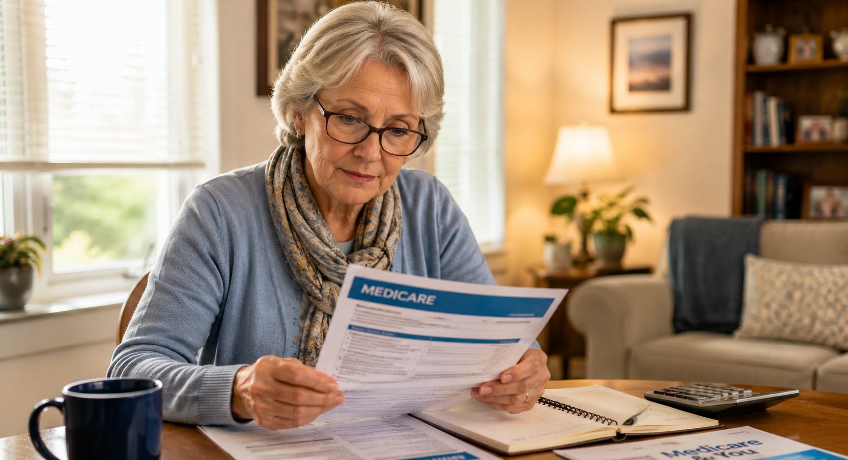 senior reviewing Medicare paperwork, warm editorial