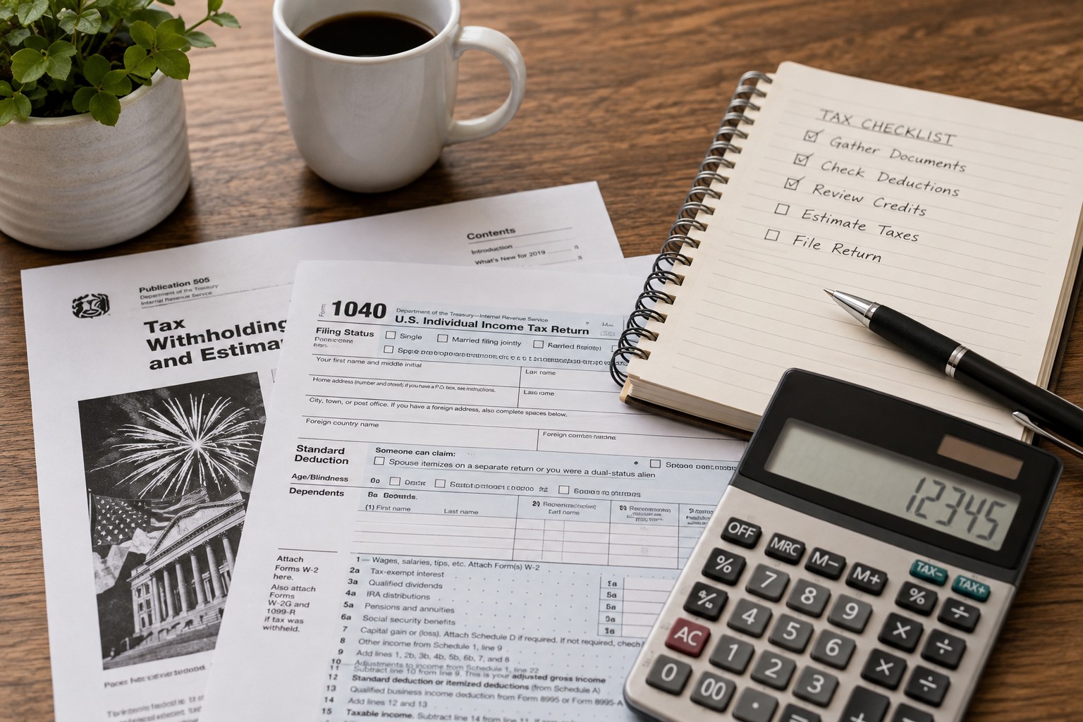 tax documents and calculator on desk, clean editorial